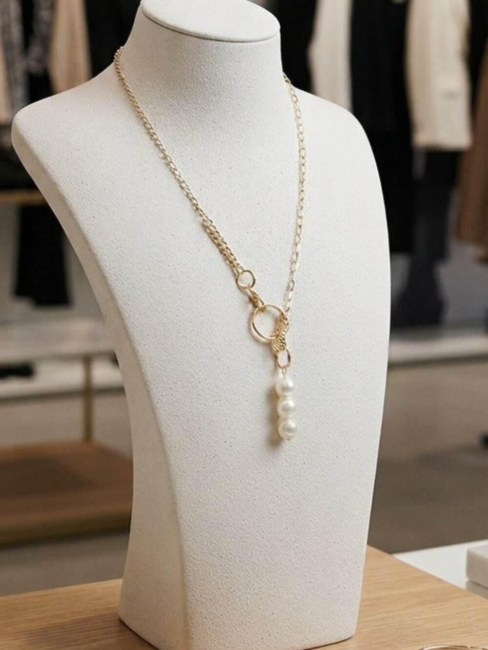 French Connection Linked gold chain with Pearl beads Y-Necklace